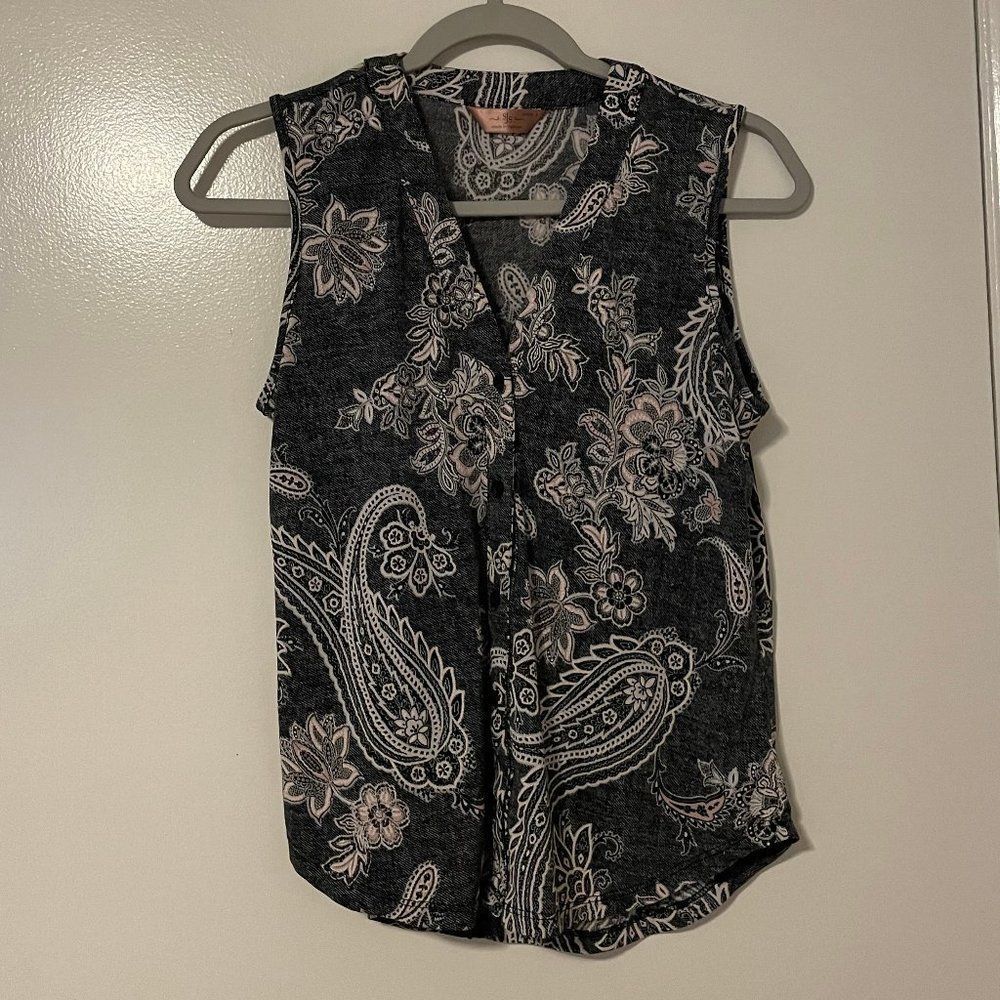 SJS Womens Sleeveless Paisley Print Button Down Top Size Petite S Black